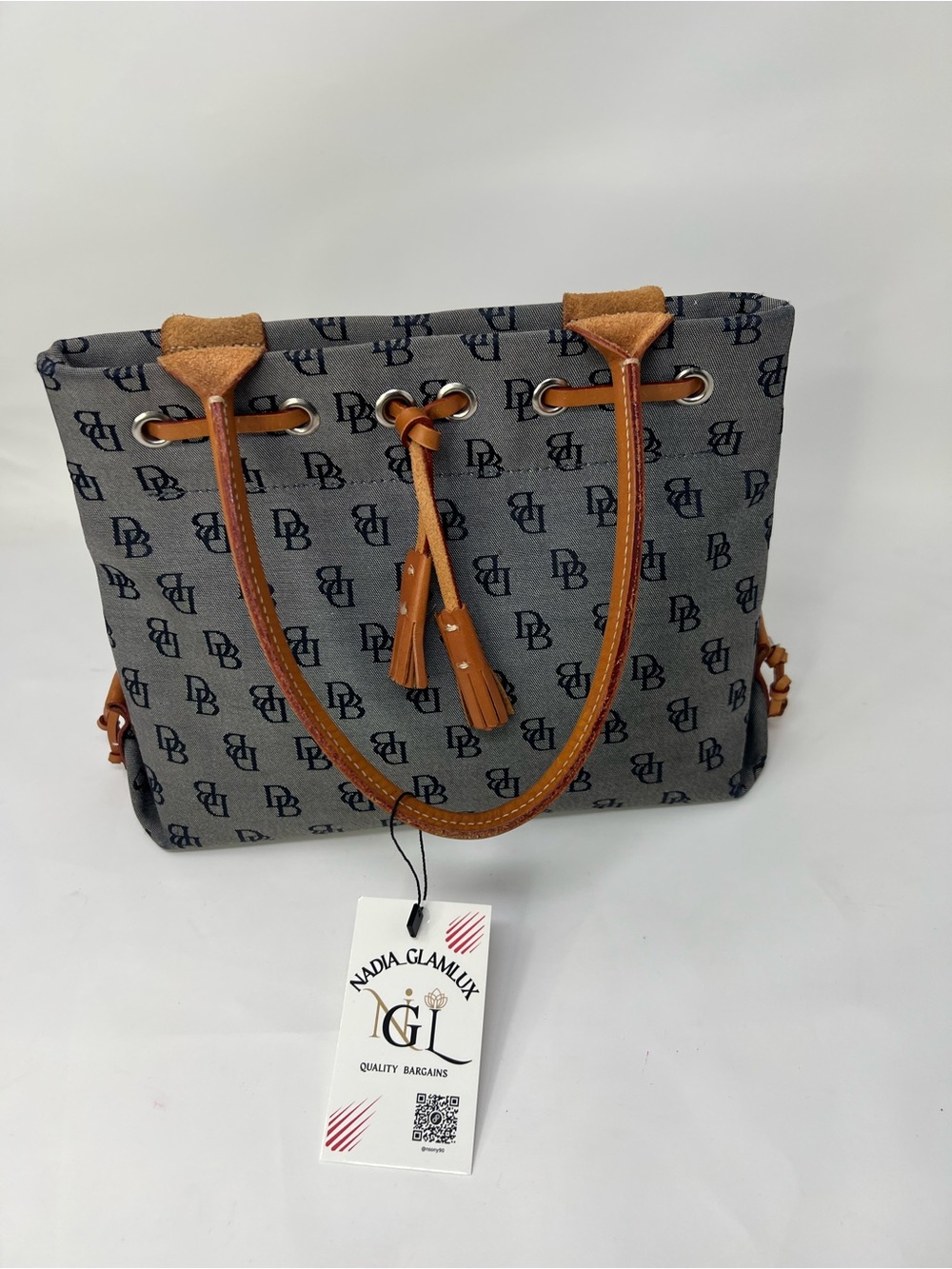 Dooney & Bourke Monogrammed Grey Tote with Brown Leather Tassel Shoulder Bag